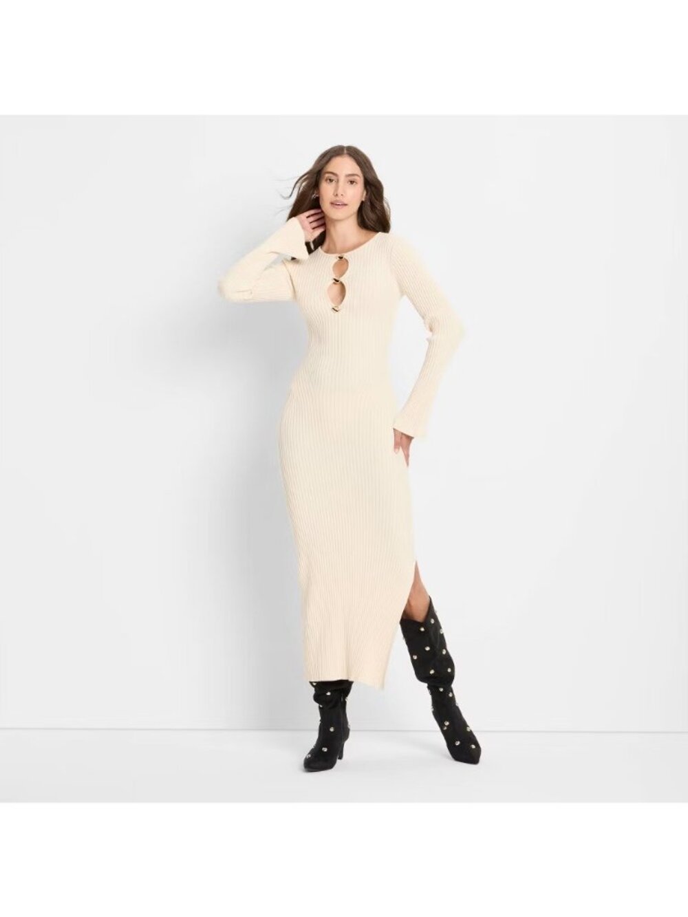 Future Collective Ribbed Texture & Front Cutouts Cream Maxi Dress -- Size Small